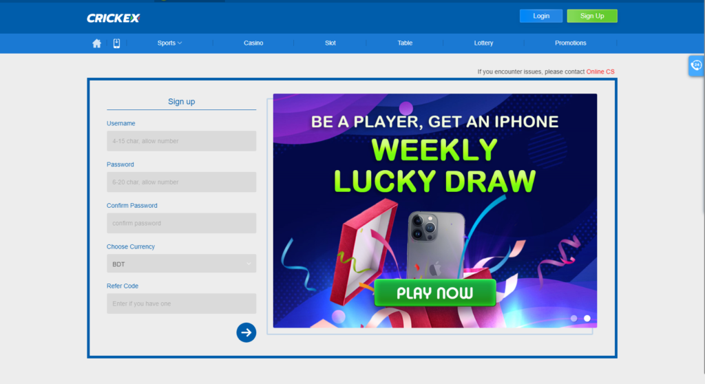 Registration at Crickex Bangladesh online casino